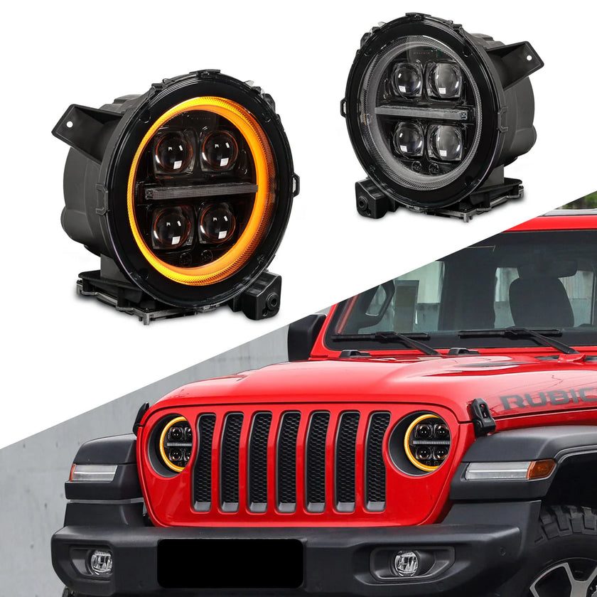 RGB 9 Halo LED Headlights For Jeep Wrangler JL/JLU & Gladiator 2018-2024 – 7-inch, DOT, 120W, White & RGB Halo, 3-Year Warranty