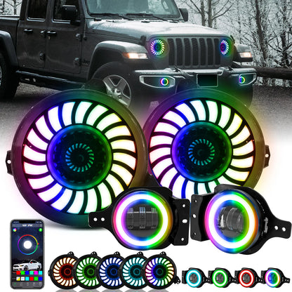 9" Rotating 3D LED Halo Headlights + 4" Fog Lights Combo Kit For 2018–2025 Jeep Wrangler JL & Gladiator JT