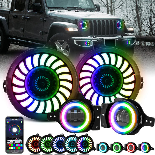 9" Rotating 3D LED Halo Headlights + 4" Fog Lights Combo Kit For 2018–2025 Jeep Wrangler JL & Gladiator JT