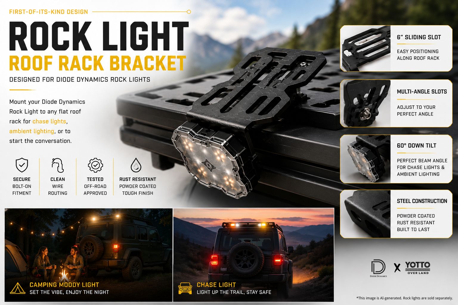 Diode Dynamics Rock Light Roof Rack Mounting Bracket – 60° Tilt & Pan Adjustable *Rebate