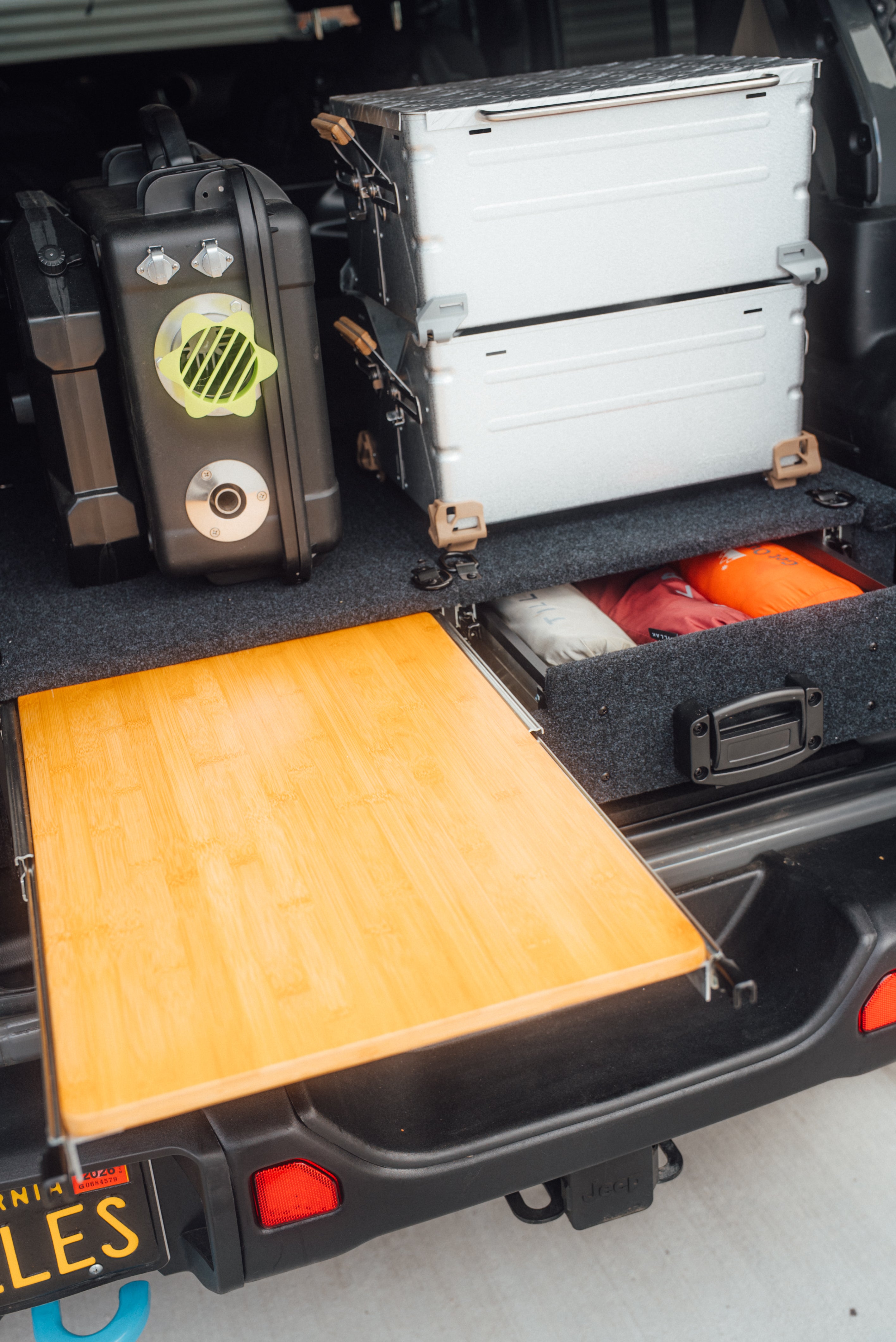 Tough Aluminum Drawer System for Jeep Wrangler JL w/ Slide-Out Bamboo Table & Fridge Mount