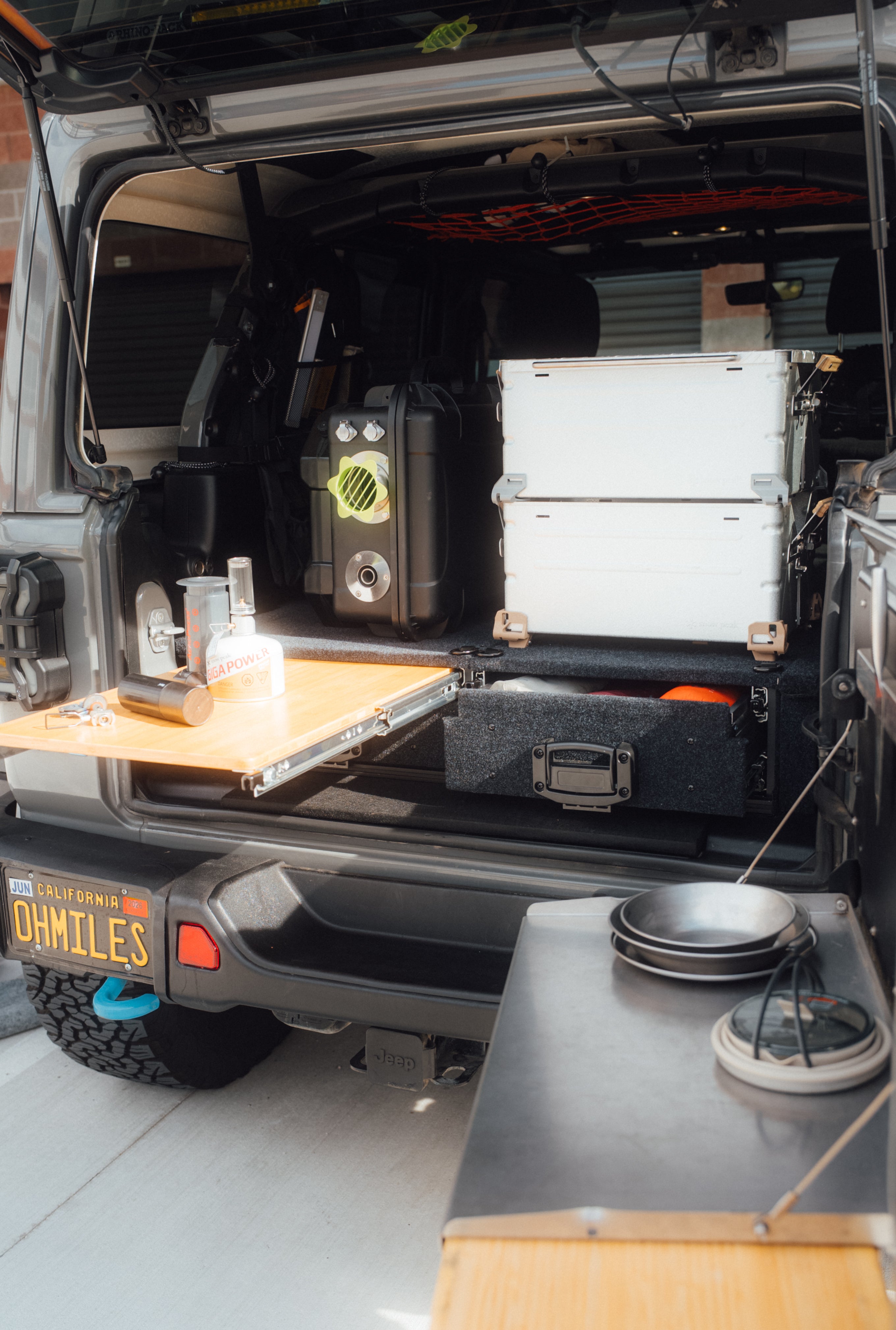 Tough Aluminum Drawer System for Jeep Wrangler JL w/ Slide-Out Bamboo Table & Fridge Mount