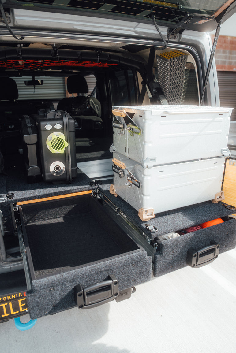 Tough Aluminum Drawer System for Jeep Wrangler JL w/ Slide-Out Bamboo Table & Fridge Mount