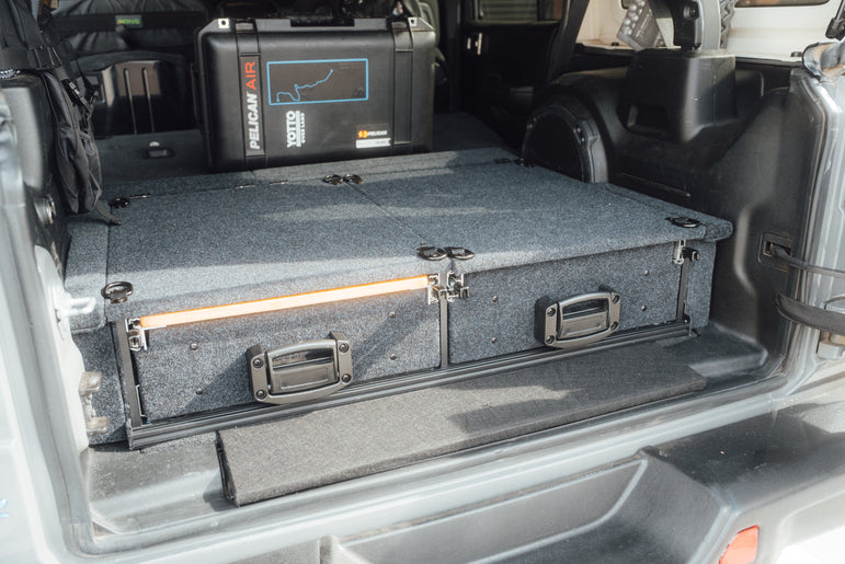 Tough Aluminum Drawer System for Jeep Wrangler JL w/ Slide-Out Bamboo Table & Fridge Mount