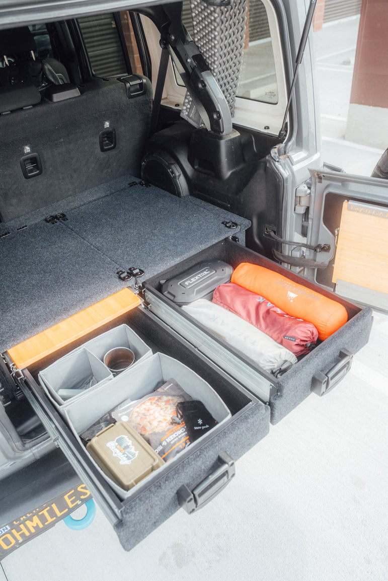 Tough Aluminum Drawer System for Jeep Wrangler JL w/ Slide-Out Bamboo Table & Fridge Mount