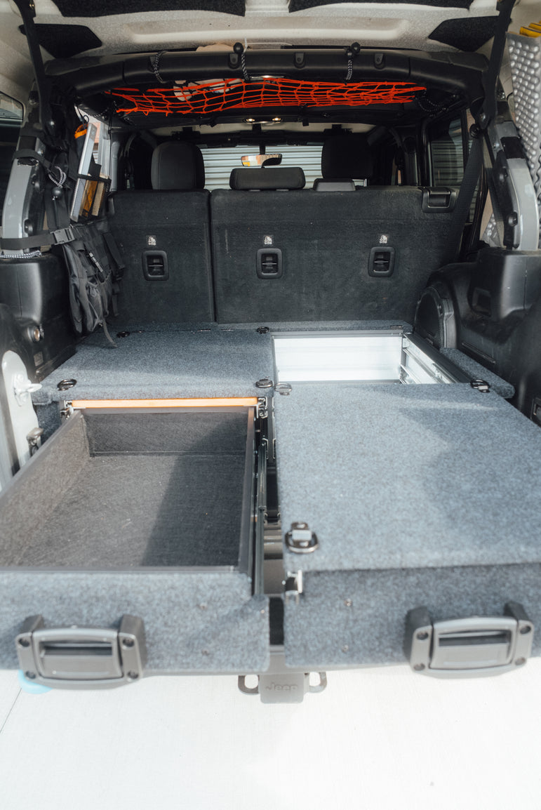 Tough Aluminum Drawer System for Jeep Wrangler JL w/ Slide-Out Bamboo Table & Fridge Mount