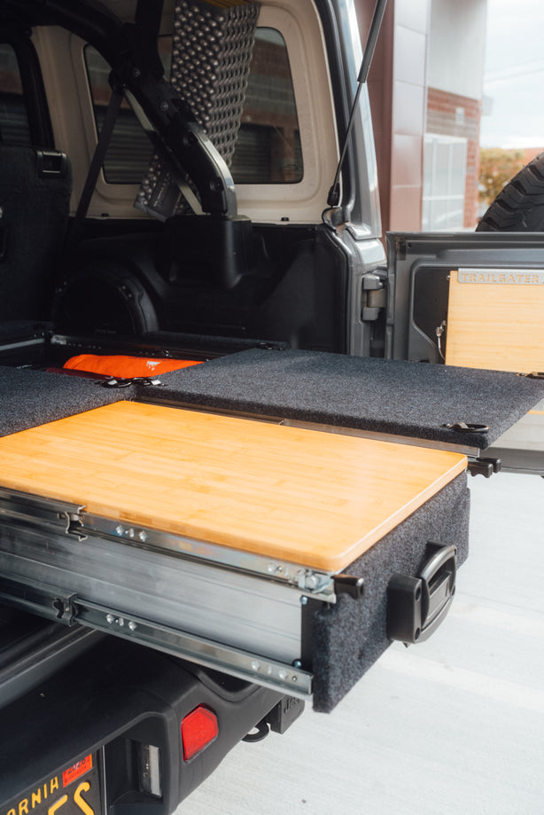 Tough Aluminum Drawer System for Jeep Wrangler JL w/ Slide-Out Bamboo Table & Fridge Mount