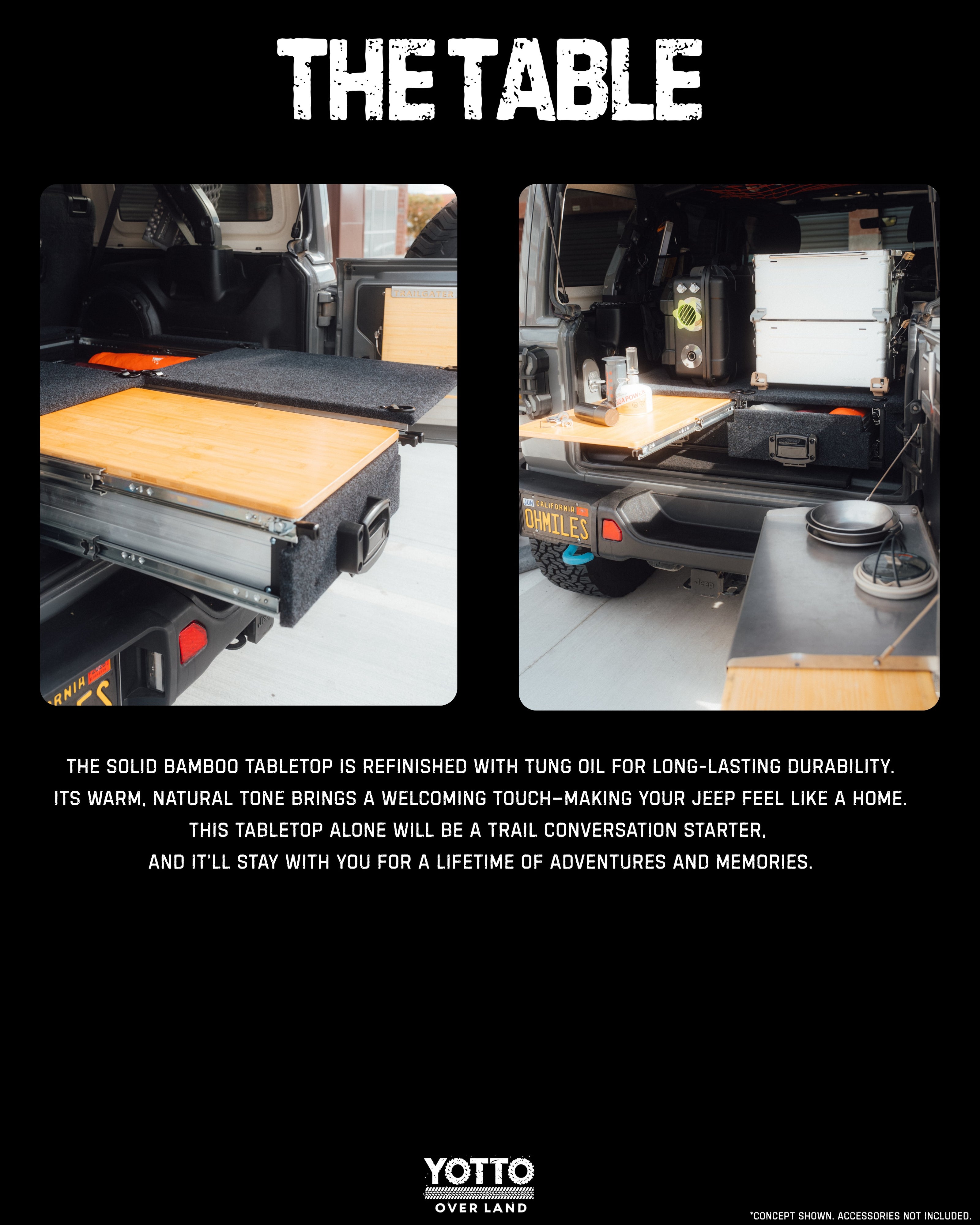 Tough Aluminum Drawer System for Jeep Wrangler JL w/ Slide-Out Bamboo Table & Fridge Mount