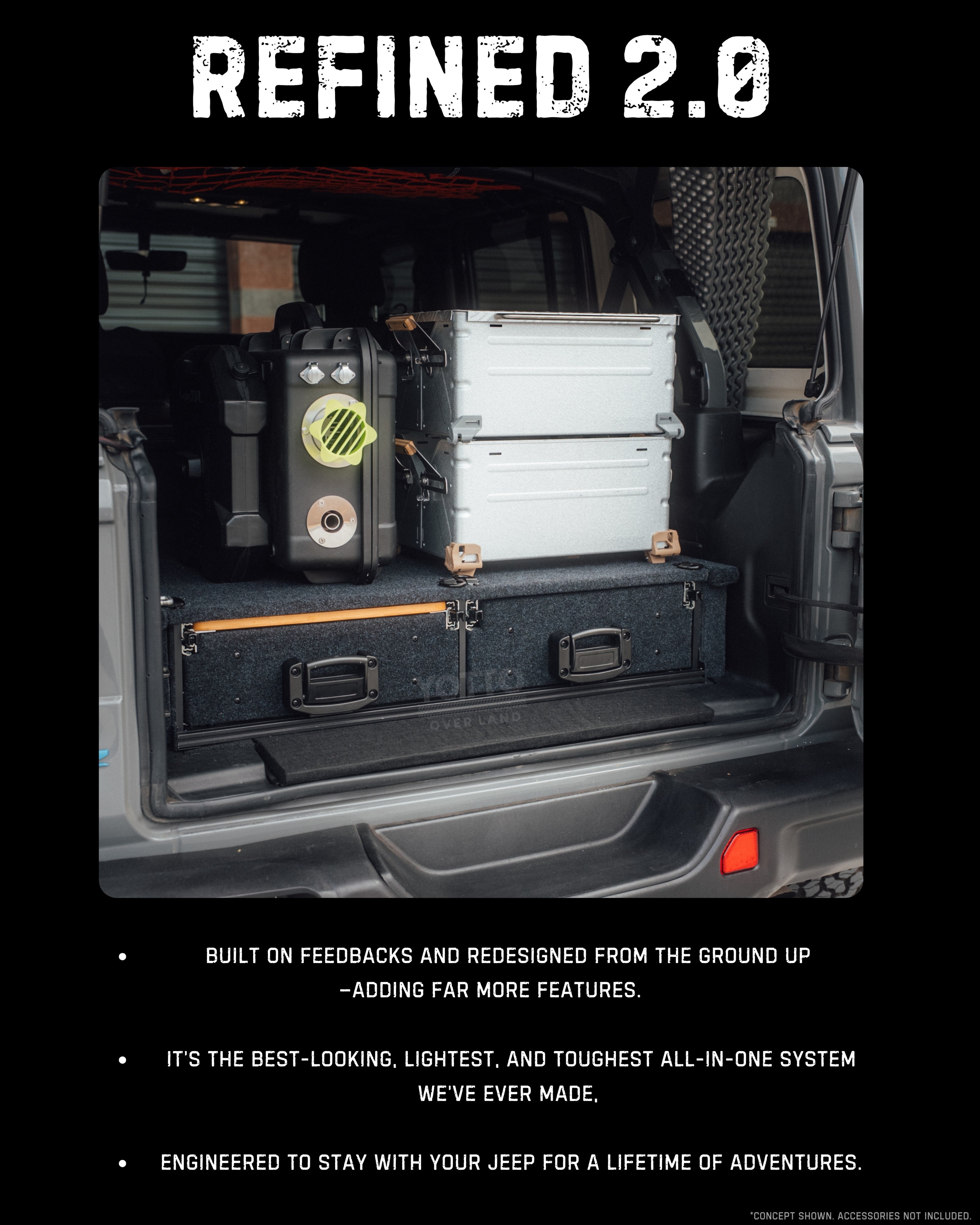 Tough Aluminum Drawer System for Jeep Wrangler JL w/ Slide-Out Bamboo Table & Fridge Mount