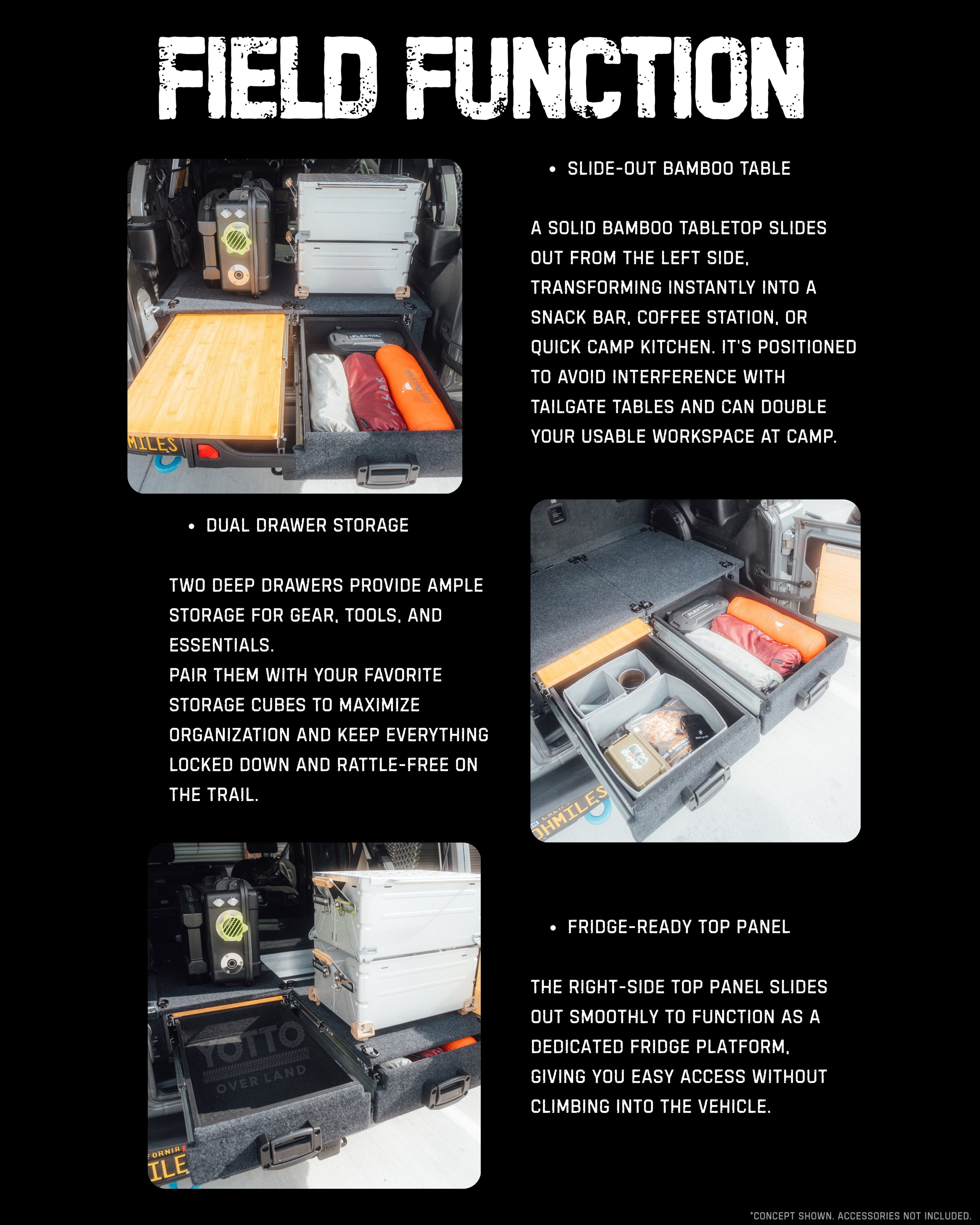 Tough Aluminum Drawer System for Jeep Wrangler JL w/ Slide-Out Bamboo Table & Fridge Mount