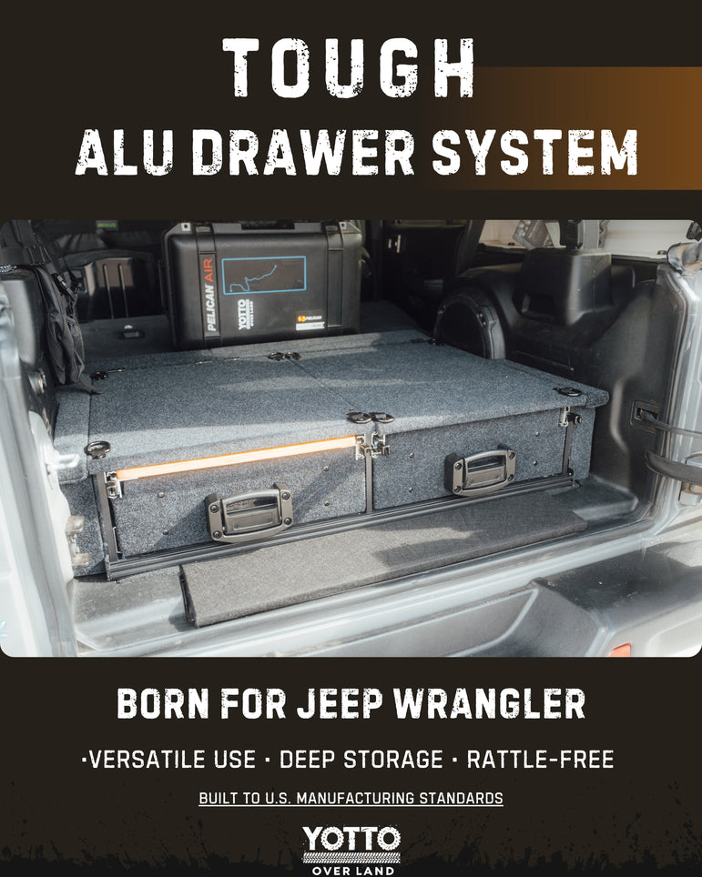 Tough Aluminum Drawer System for Jeep Wrangler JL w/ Slide-Out Bamboo Table & Fridge Mount
