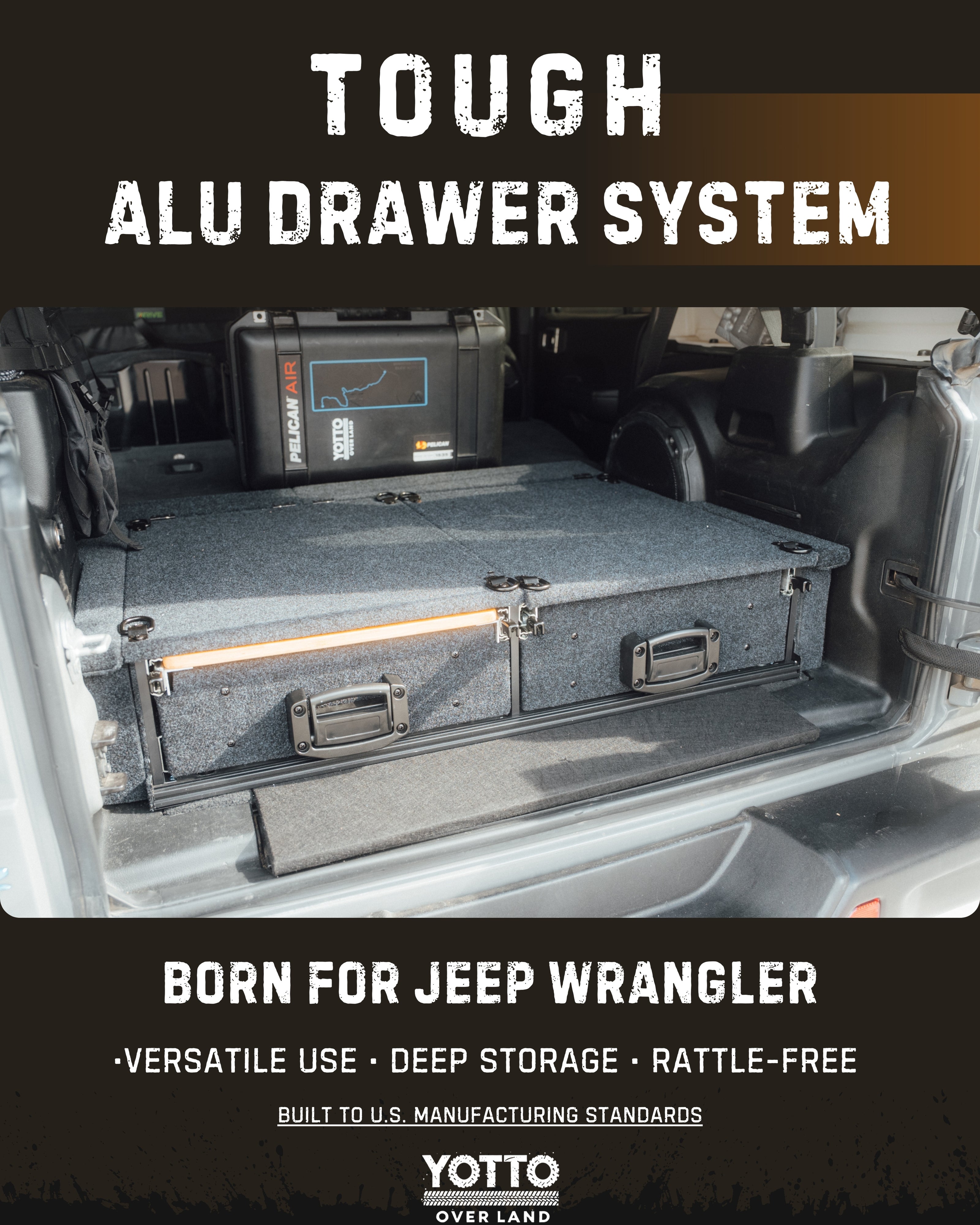 Tough Aluminum Drawer System for Jeep Wrangler JL w/ Slide-Out Bamboo Table & Fridge Mount