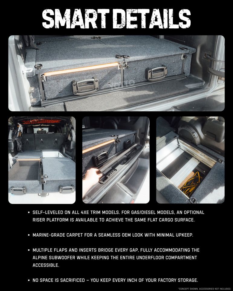 Tough Aluminum Drawer System for Jeep Wrangler JL w/ Slide-Out Bamboo Table & Fridge Mount