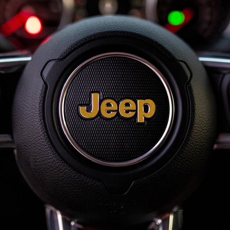 JEEP Steering Wheel Emblem Overlay Decal — 30+ Colors & Designs (Flag, Topo, Animal, Solid)