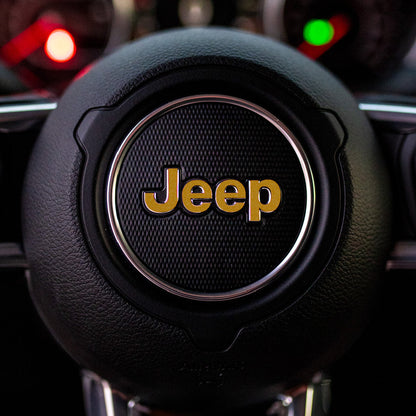JEEP Steering Wheel Emblem Overlay Decal — 30+ Colors & Designs (Flag, Topo, Animal, Solid)