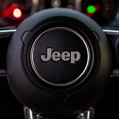 JEEP Steering Wheel Emblem Overlay Decal — 30+ Colors & Designs (Flag, Topo, Animal, Solid)