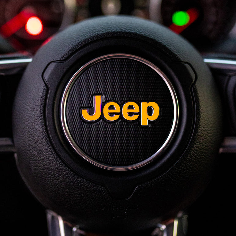 JEEP Steering Wheel Emblem Overlay Decal — 30+ Colors & Designs (Flag, Topo, Animal, Solid)