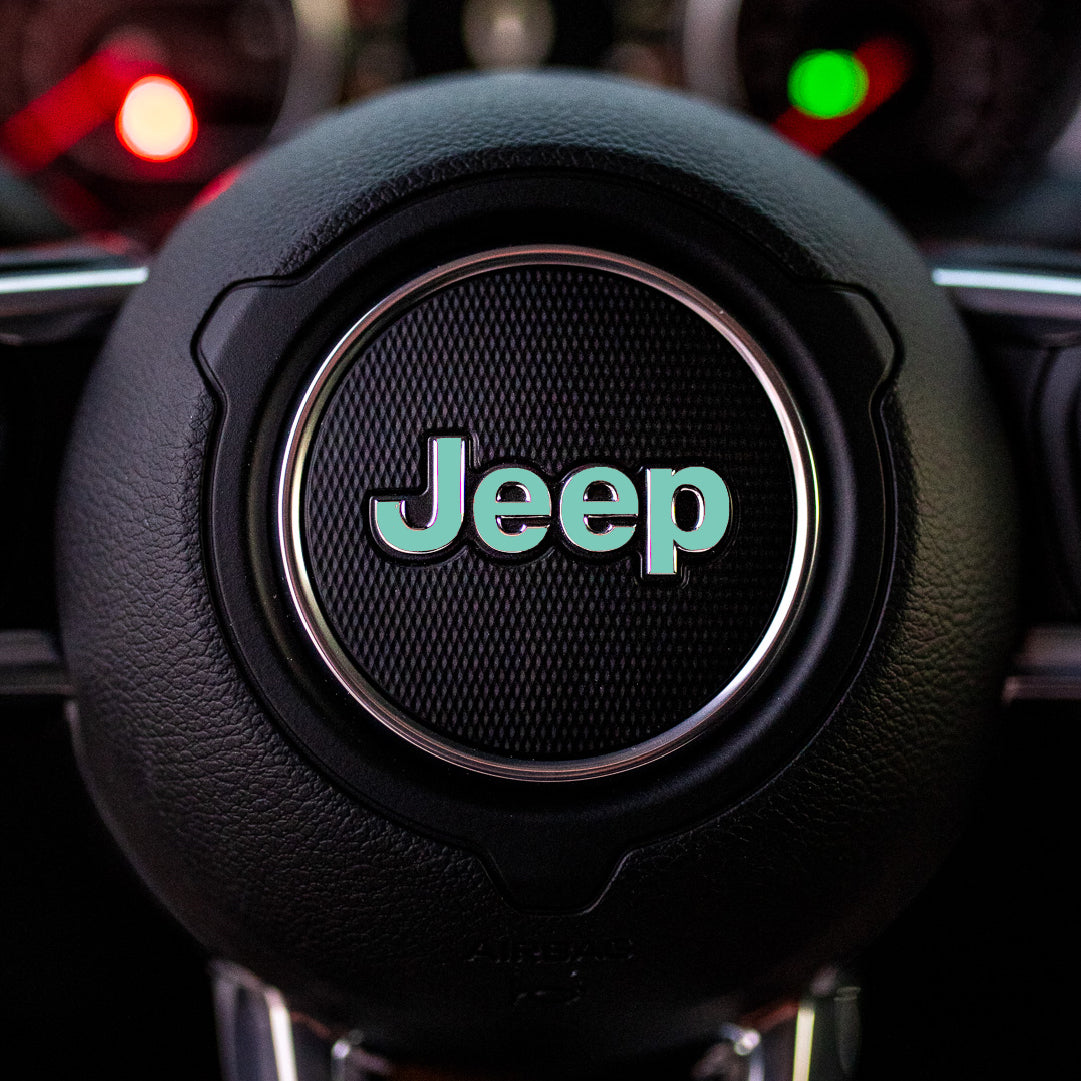 JEEP Steering Wheel Emblem Overlay Decal — 30+ Colors & Designs (Flag, Topo, Animal, Solid)