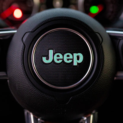 JEEP Steering Wheel Emblem Overlay Decal — 30+ Colors & Designs (Flag, Topo, Animal, Solid)