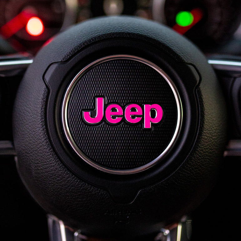 JEEP Steering Wheel Emblem Overlay Decal — 30+ Colors & Designs (Flag, Topo, Animal, Solid)