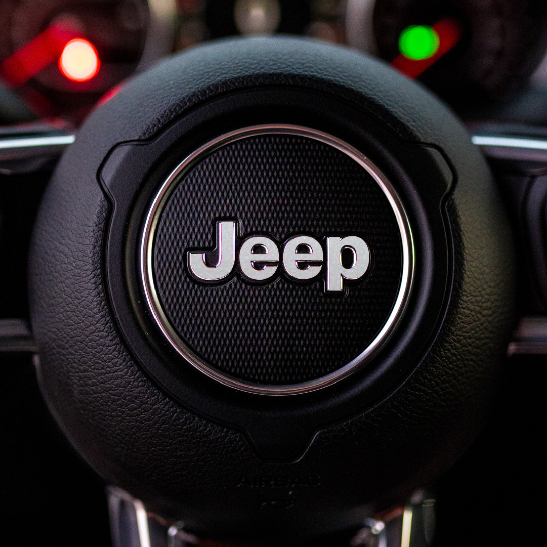 JEEP Steering Wheel Emblem Overlay Decal — 30+ Colors & Designs (Flag, Topo, Animal, Solid)