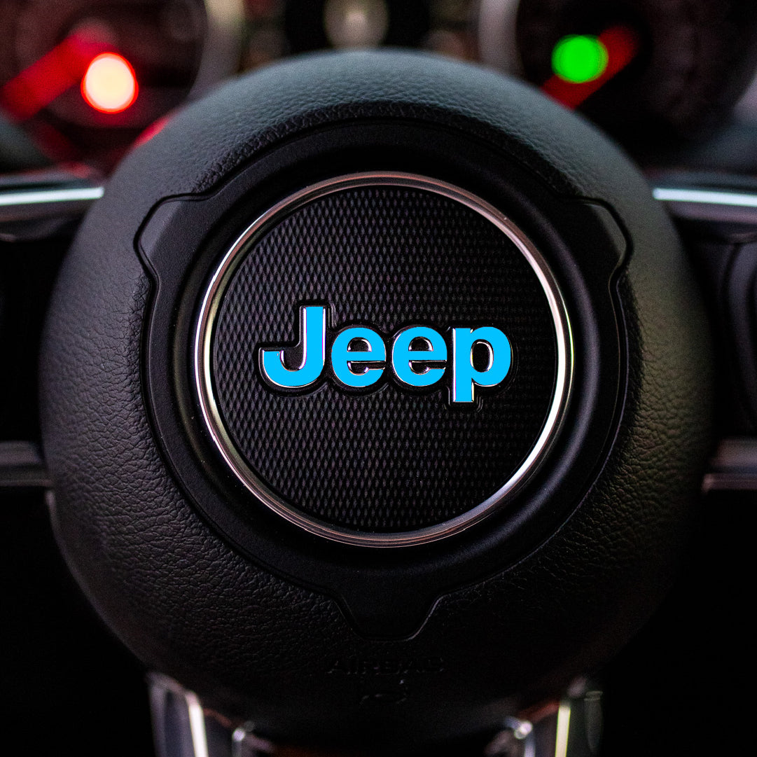 JEEP Steering Wheel Emblem Overlay Decal — 30+ Colors & Designs (Flag, Topo, Animal, Solid)