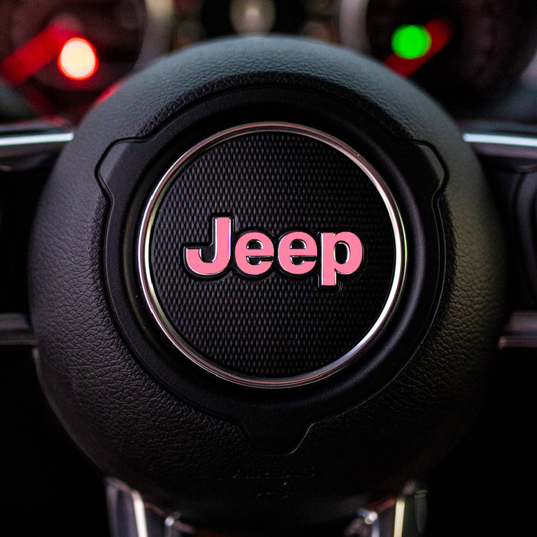 JEEP Steering Wheel Emblem Overlay Decal — 30+ Colors & Designs (Flag, Topo, Animal, Solid)