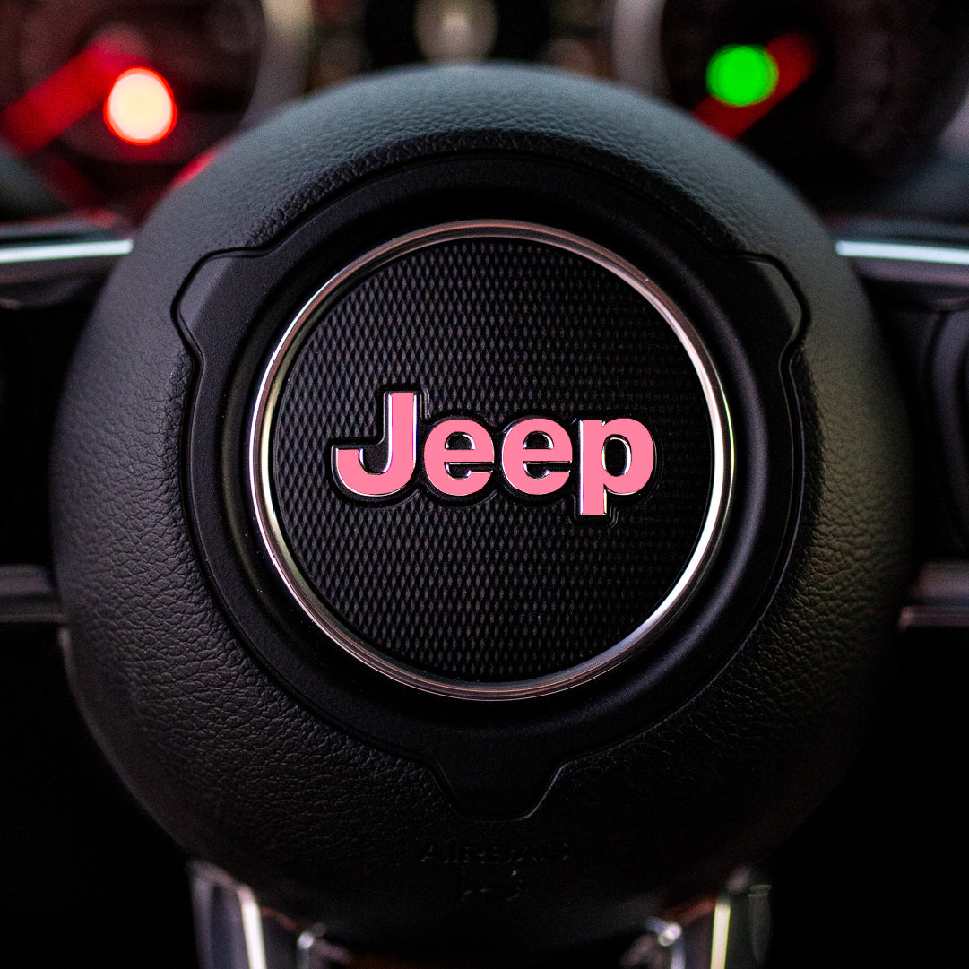 JEEP Steering Wheel Emblem Overlay Decal — 30+ Colors & Designs (Flag, Topo, Animal, Solid)