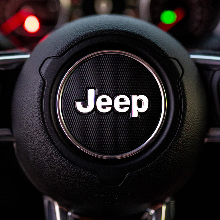 JEEP Steering Wheel Emblem Overlay Decal — 30+ Colors & Designs (Flag, Topo, Animal, Solid)