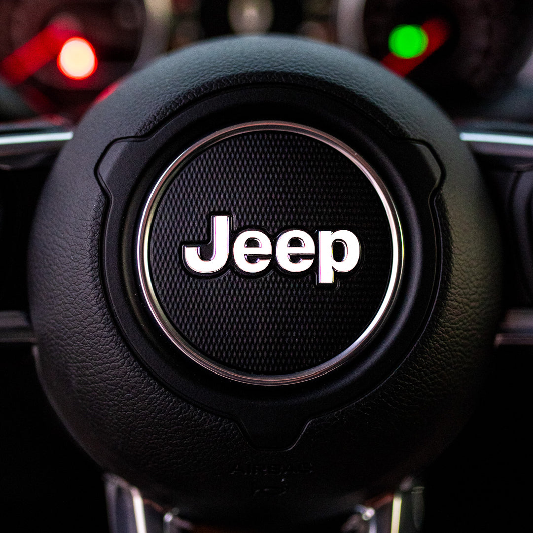 JEEP Steering Wheel Emblem Overlay Decal — 30+ Colors & Designs (Flag, Topo, Animal, Solid)