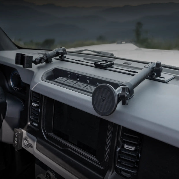 TRAXX™ - Slim Track Dash Bracket With Dual 20LITE Phone Mounts & GoPro Mount | 2021-2026 Ford Bronco & Bronco Raptor (Non-Sport)